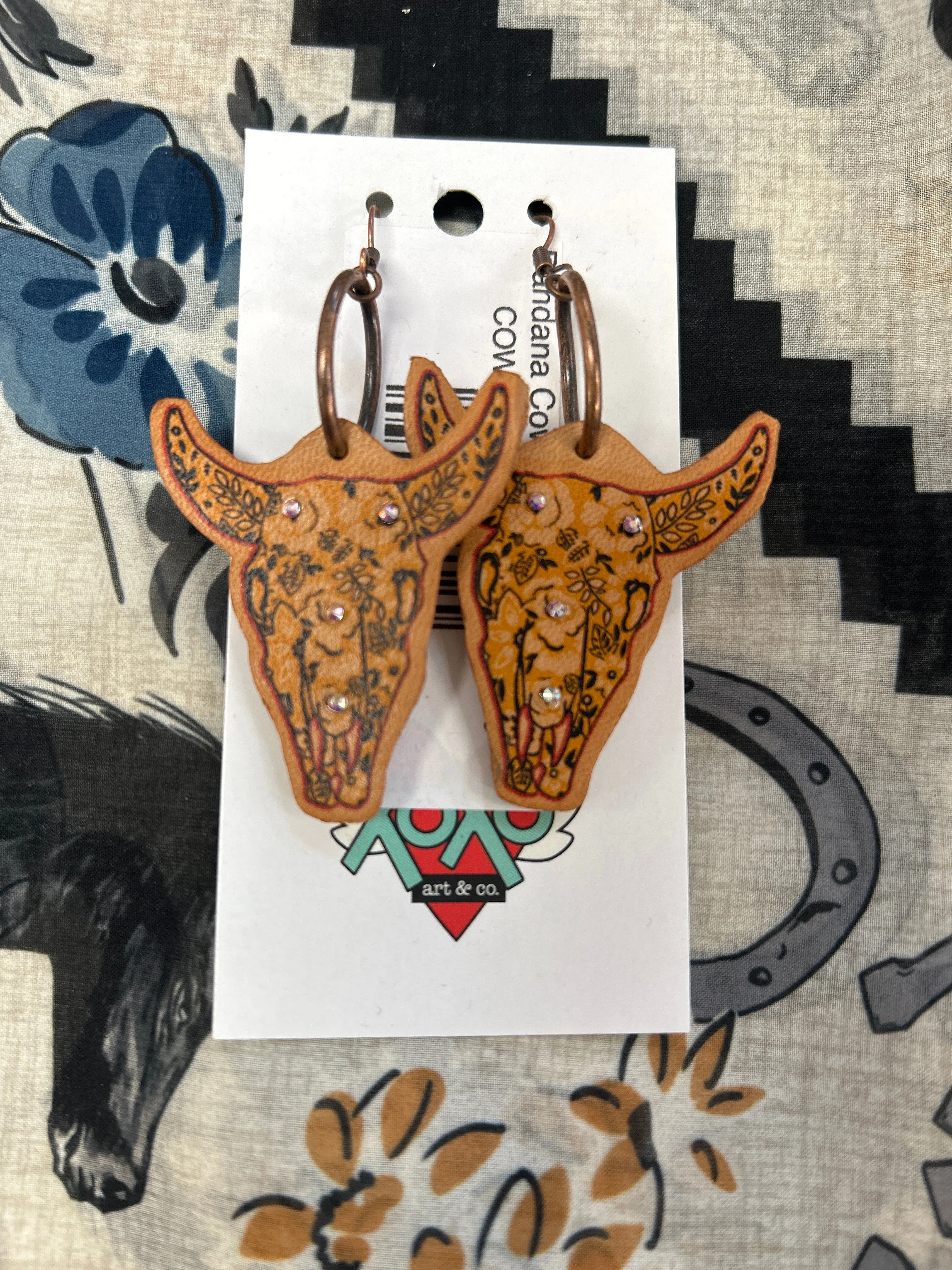 Bandana Cow Skull Leather Earrings