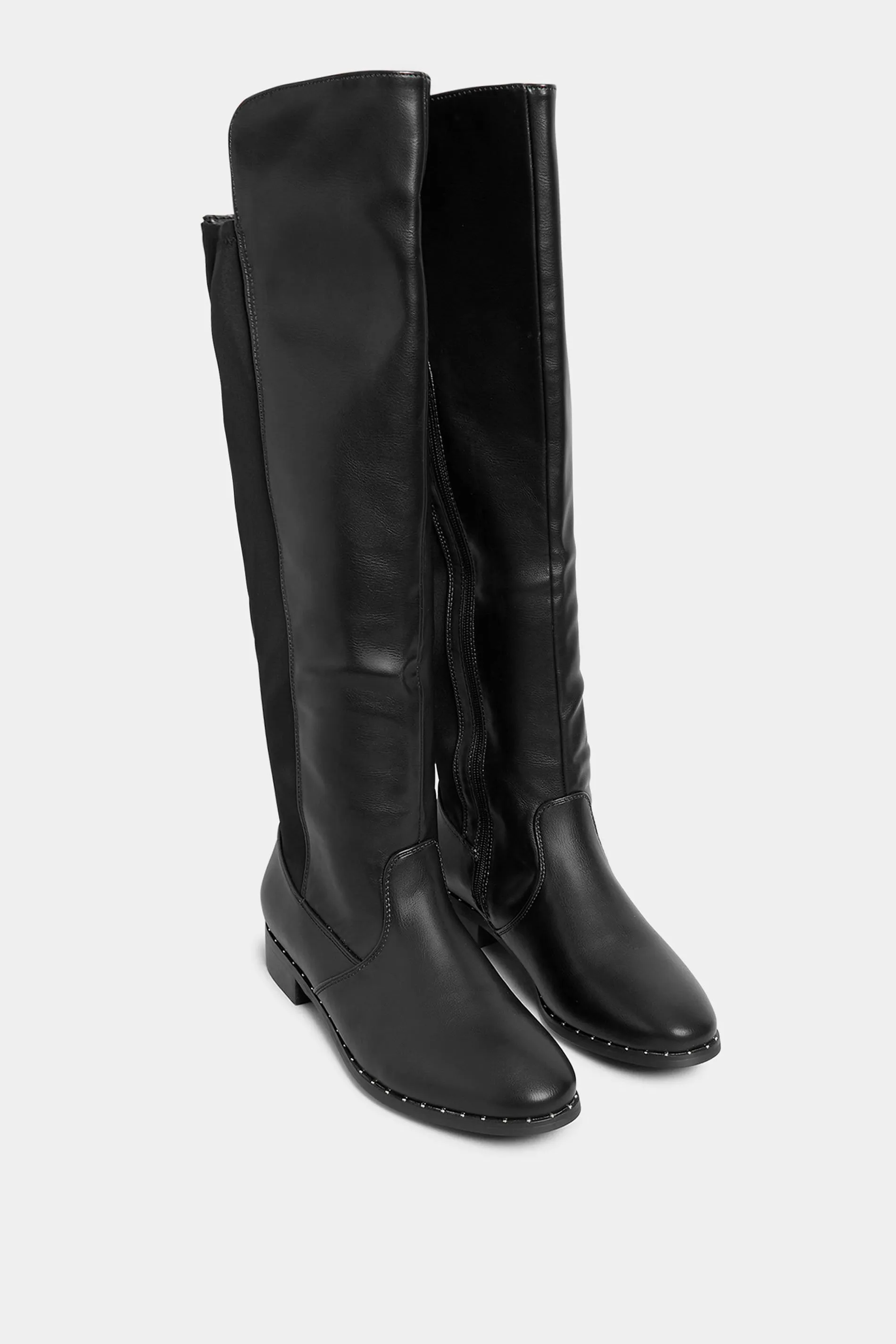 Black Studded Knee High Boots In Wide E Fit & Extra Wide EEE Fit