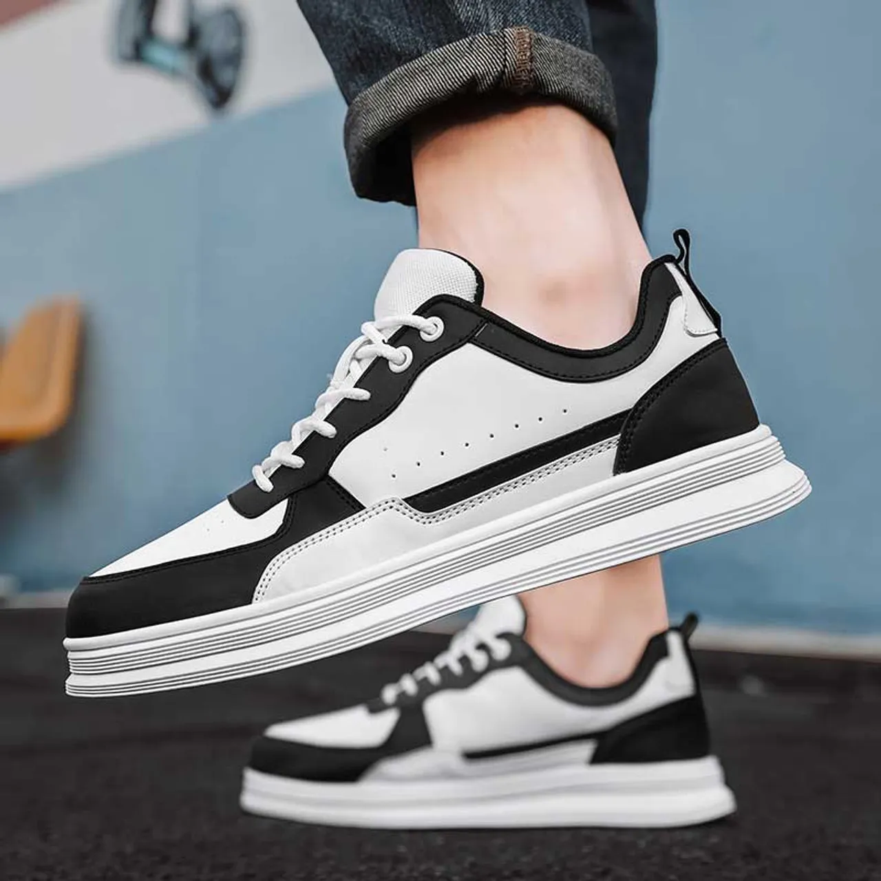 Black white casual lace up shoe sneaker