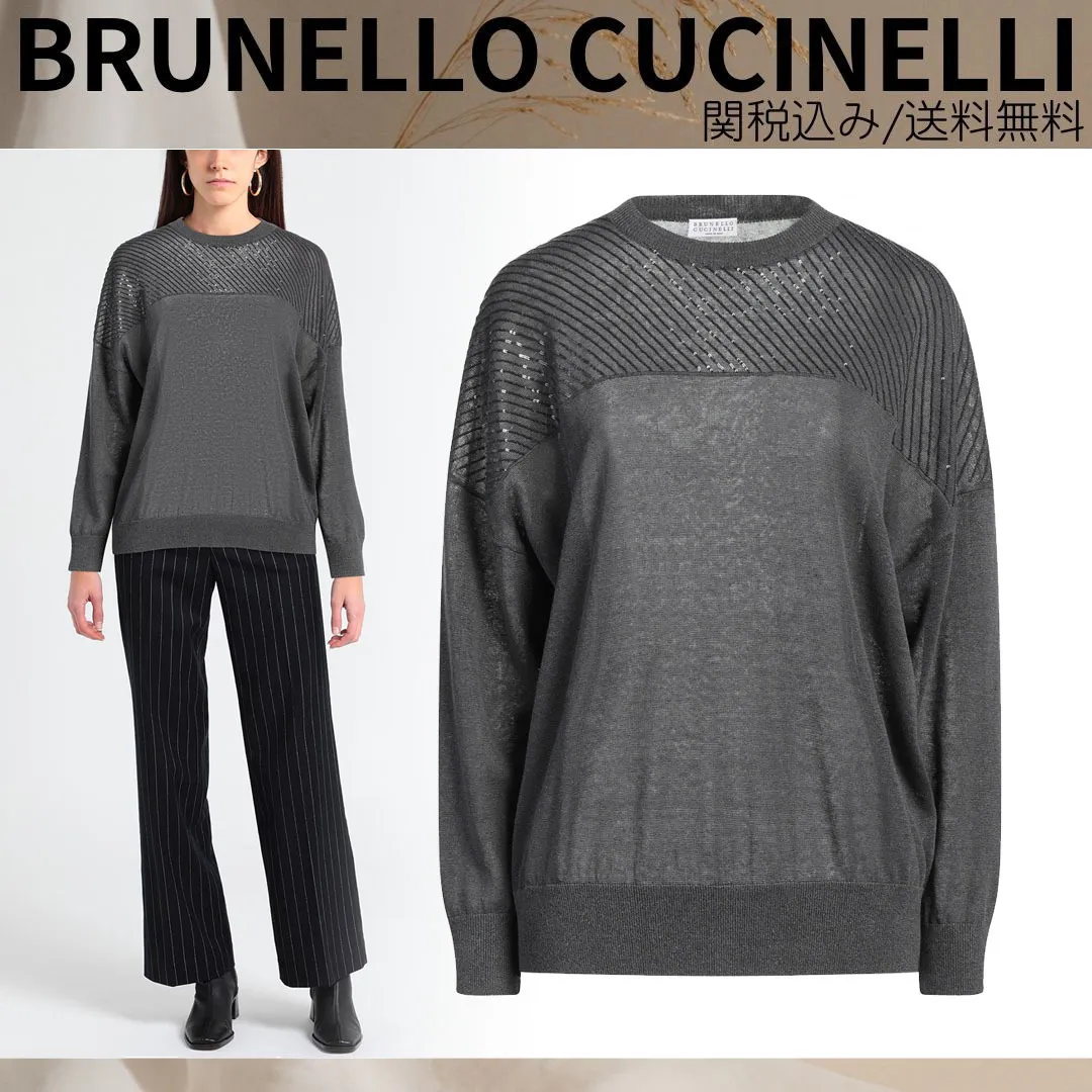 BRUNELLO CUCINELLI  |Crew Neck Stripes Casual Style Nylon Linen Blended Fabrics