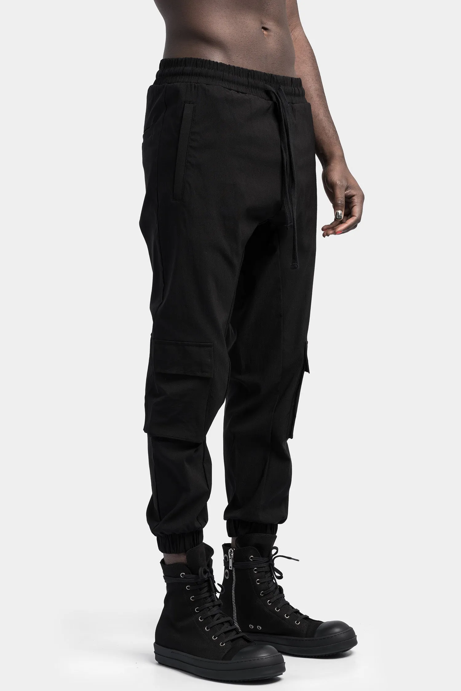 Cargo pocket drawstring pants, Black