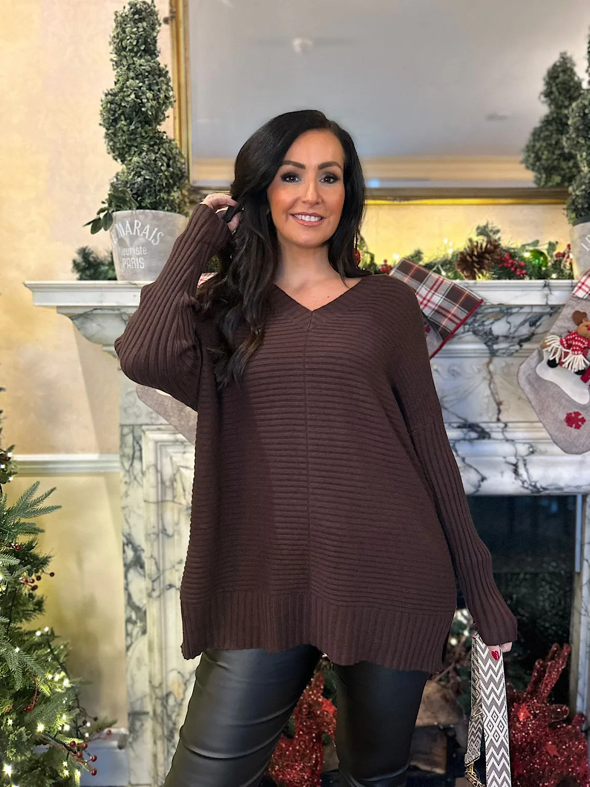 Chocolate Ribbed V Neck Knit Maisie