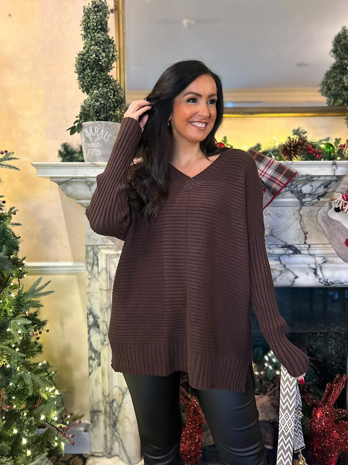 Chocolate Ribbed V Neck Knit Maisie