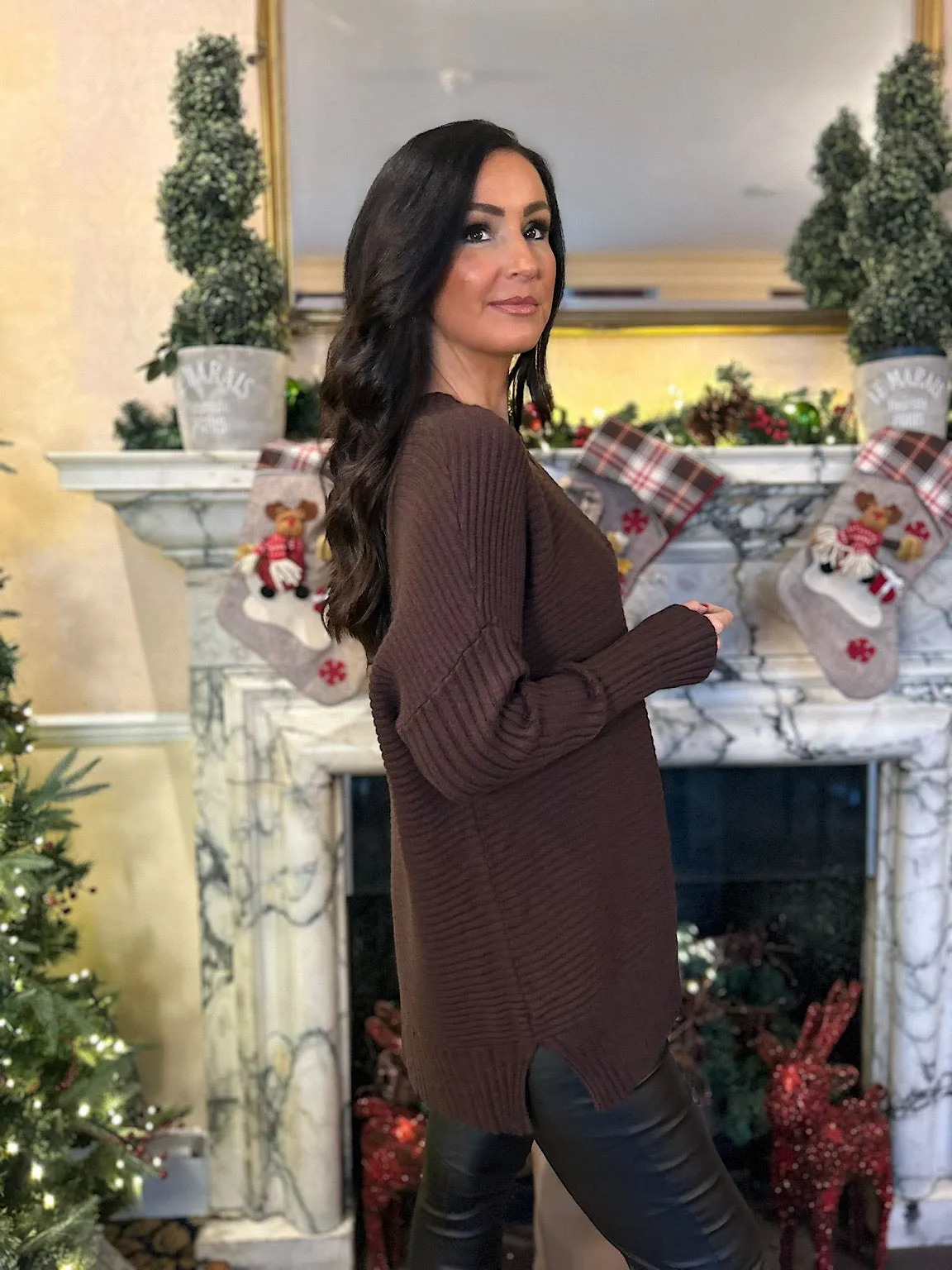 Chocolate Ribbed V Neck Knit Maisie