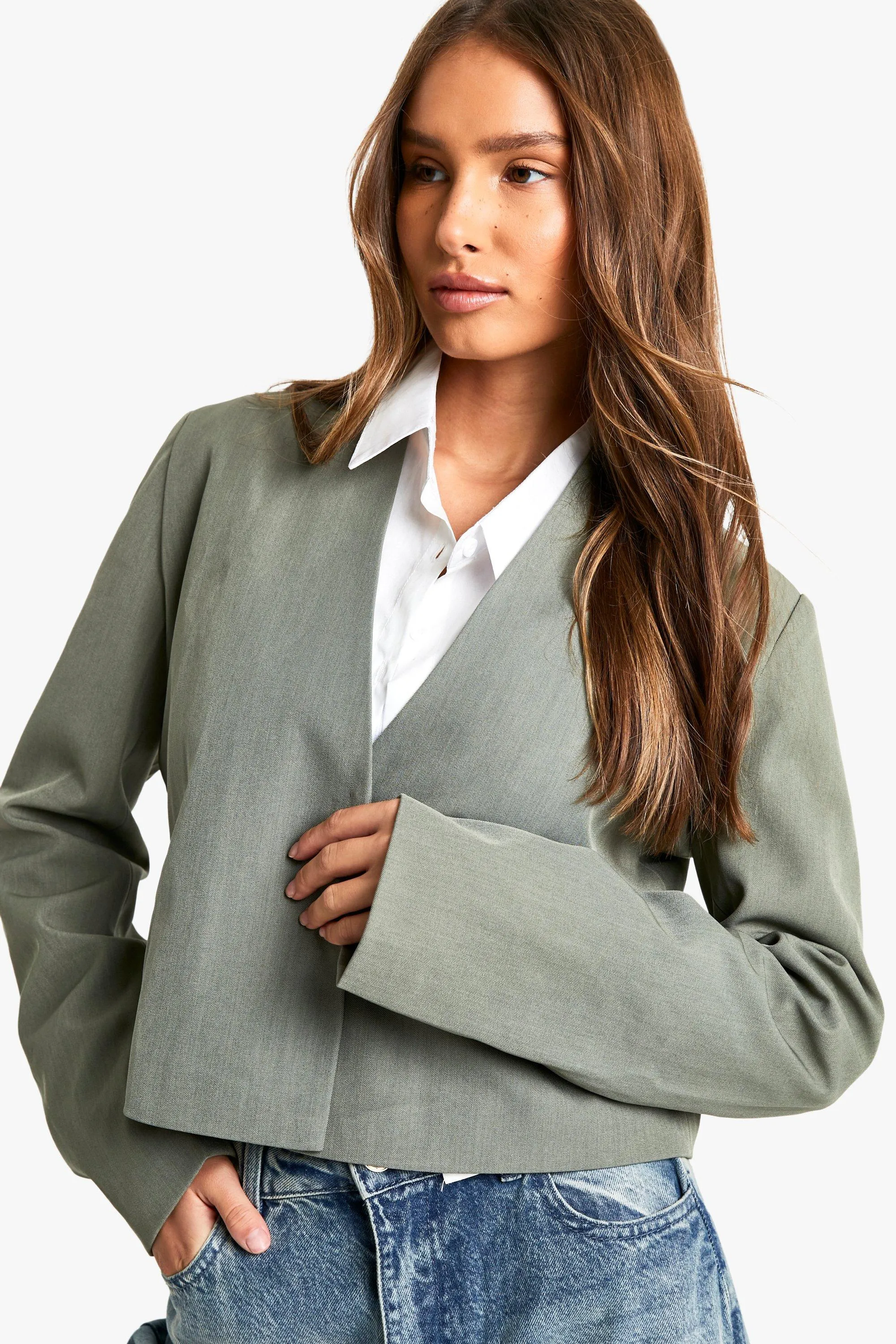 Collarless Woven Cropped Blazer