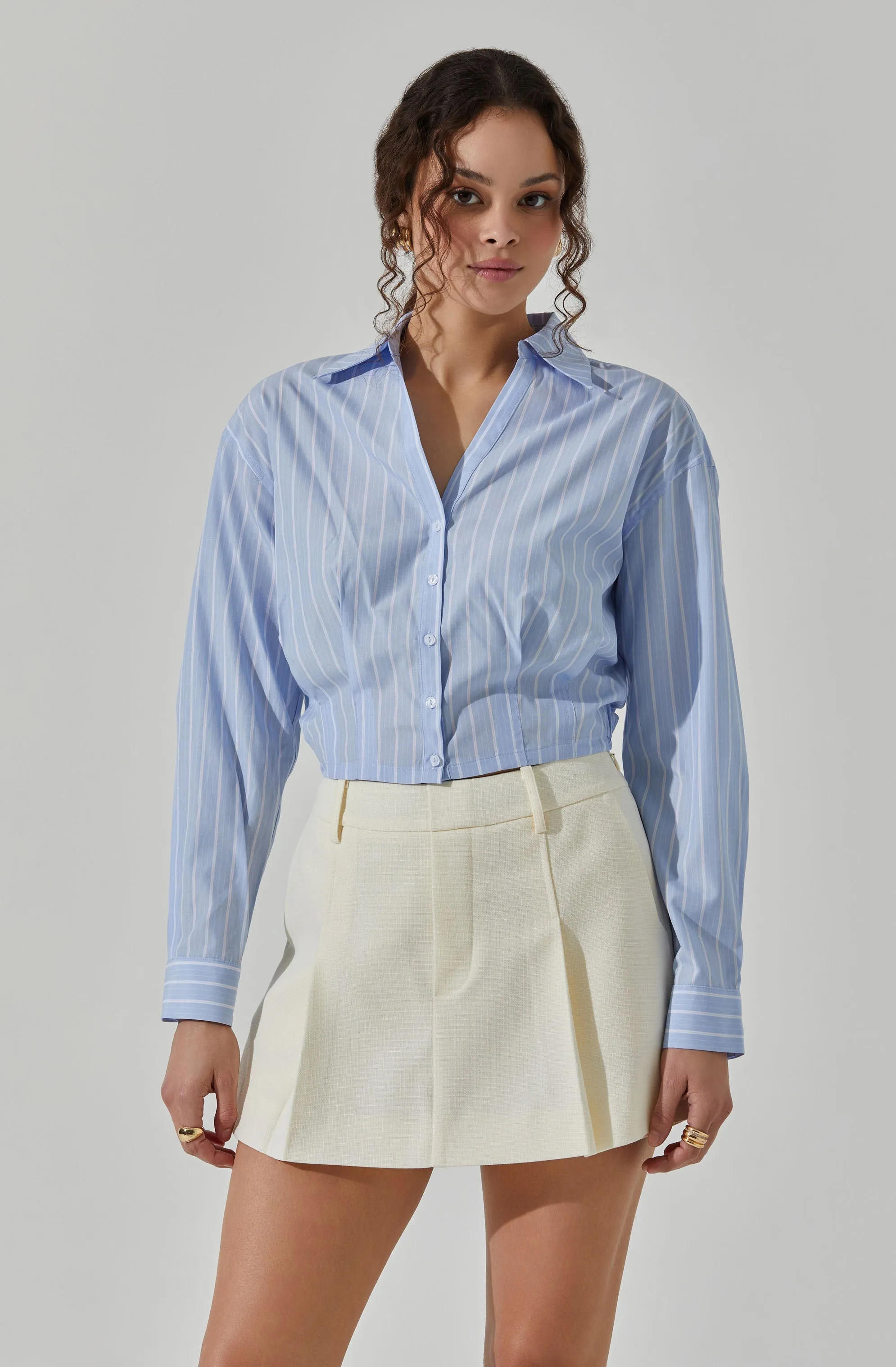 Cropped Pinstripe Collared Top