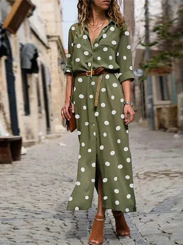 Elegant Collared Maxi Dress with Polka Dot Print for Women