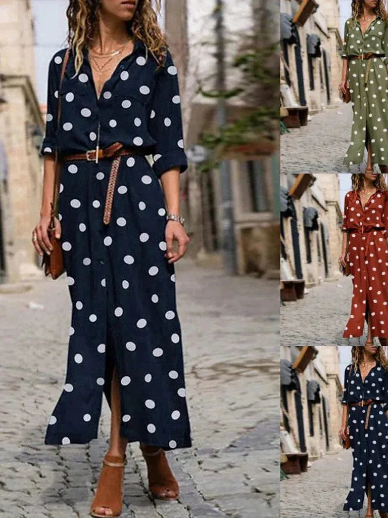 Elegant Collared Maxi Dress with Polka Dot Print for Women