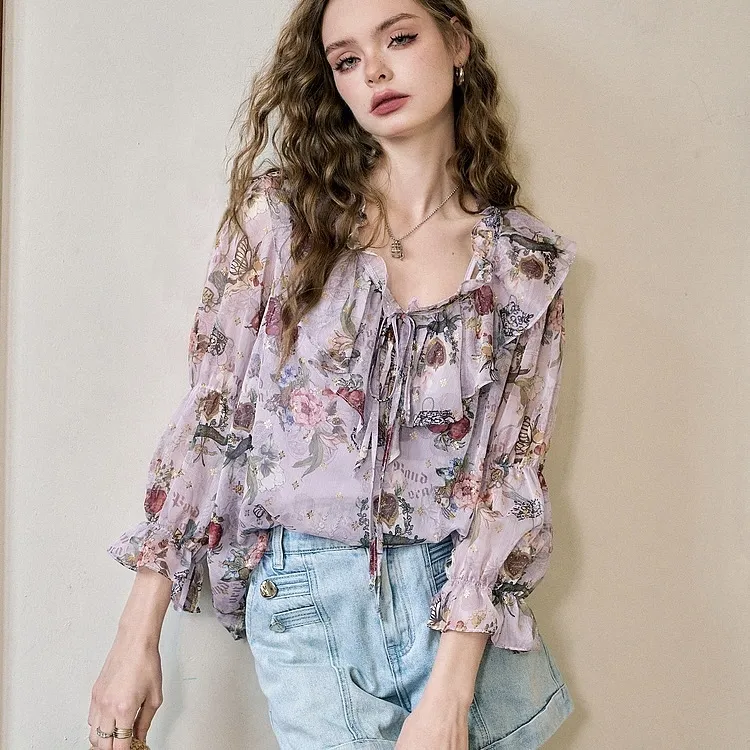 ELF SACK  |Flower Patterns Casual Style Chiffon Street Style Cropped