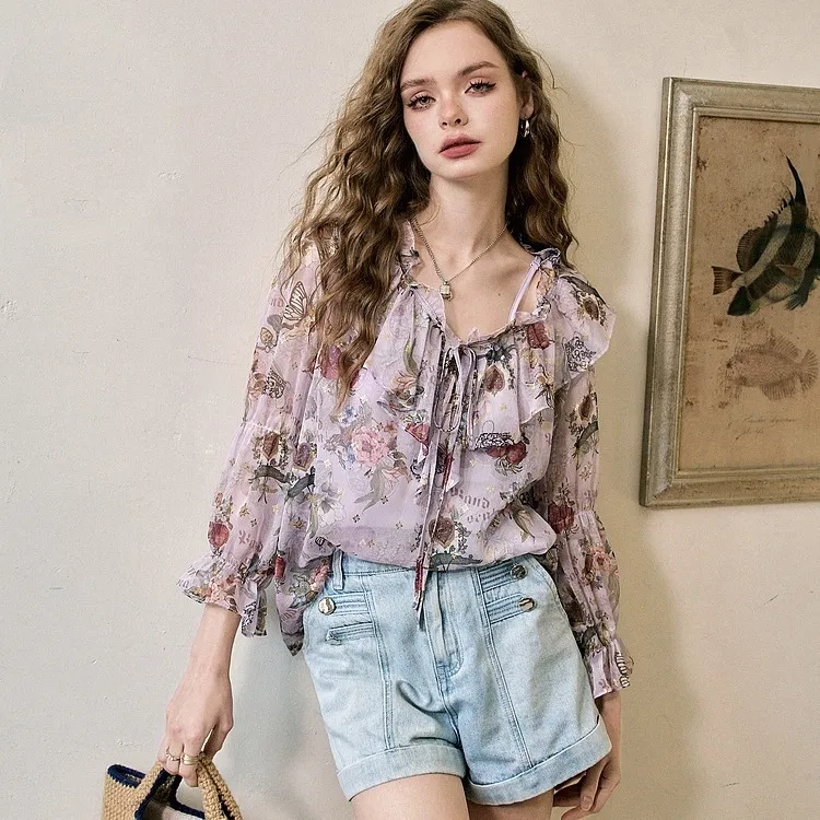 ELF SACK  |Flower Patterns Casual Style Chiffon Street Style Cropped