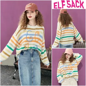 ELF SACK  |Stripes Casual Style Long Sleeves Plain Oversized