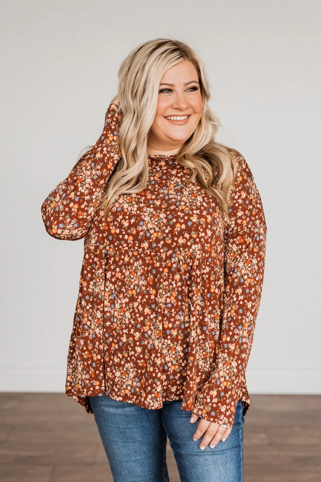 Fall Getaway Floral Babydoll Top- Rust