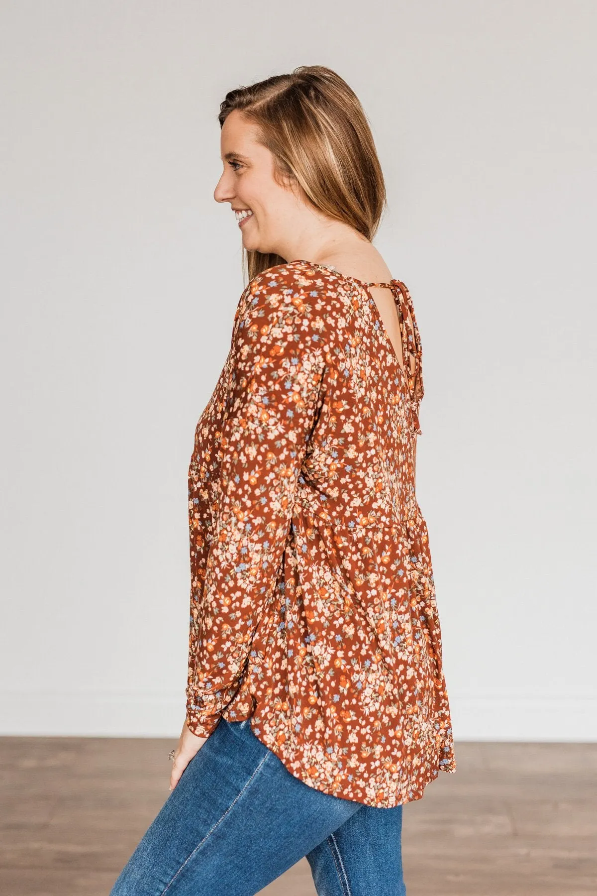 Fall Getaway Floral Babydoll Top- Rust