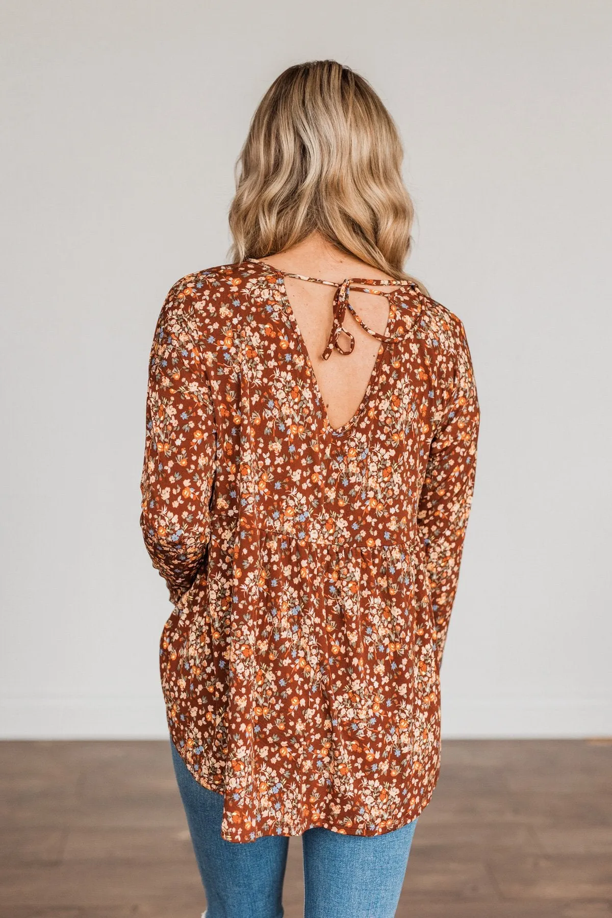 Fall Getaway Floral Babydoll Top- Rust