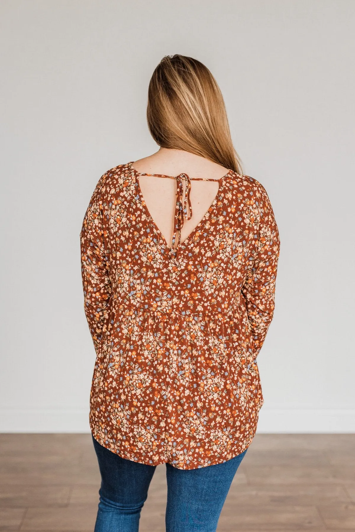 Fall Getaway Floral Babydoll Top- Rust