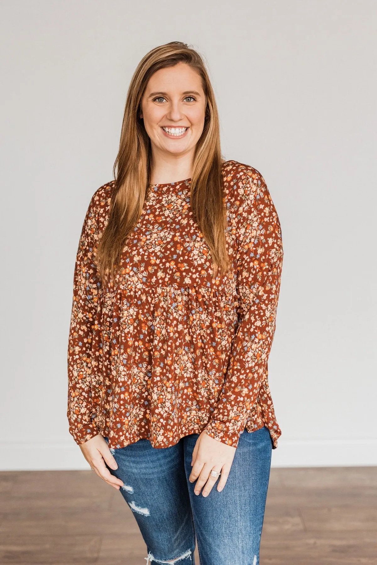 Fall Getaway Floral Babydoll Top- Rust