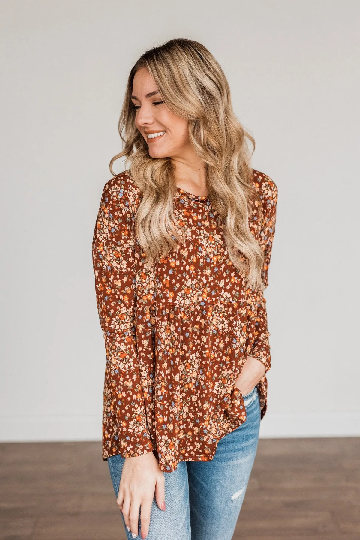 Fall Getaway Floral Babydoll Top- Rust