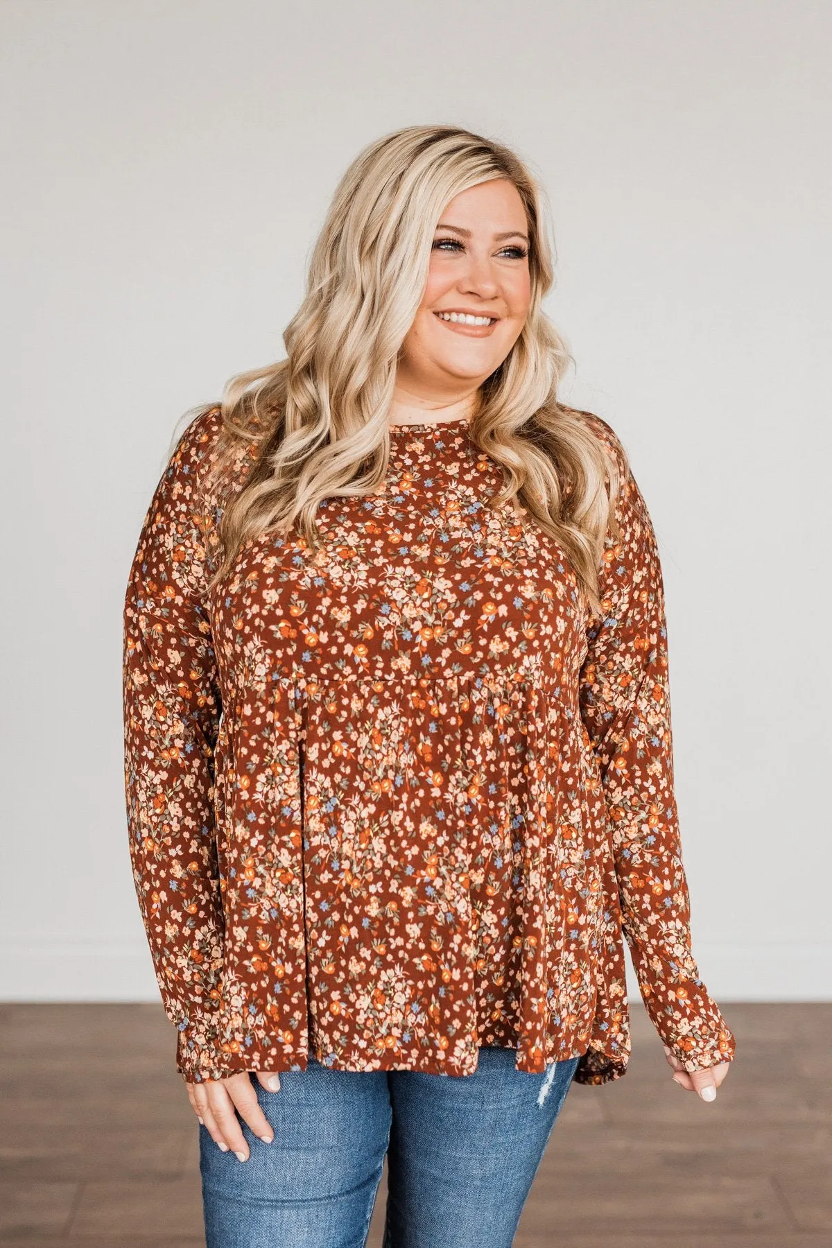 Fall Getaway Floral Babydoll Top- Rust