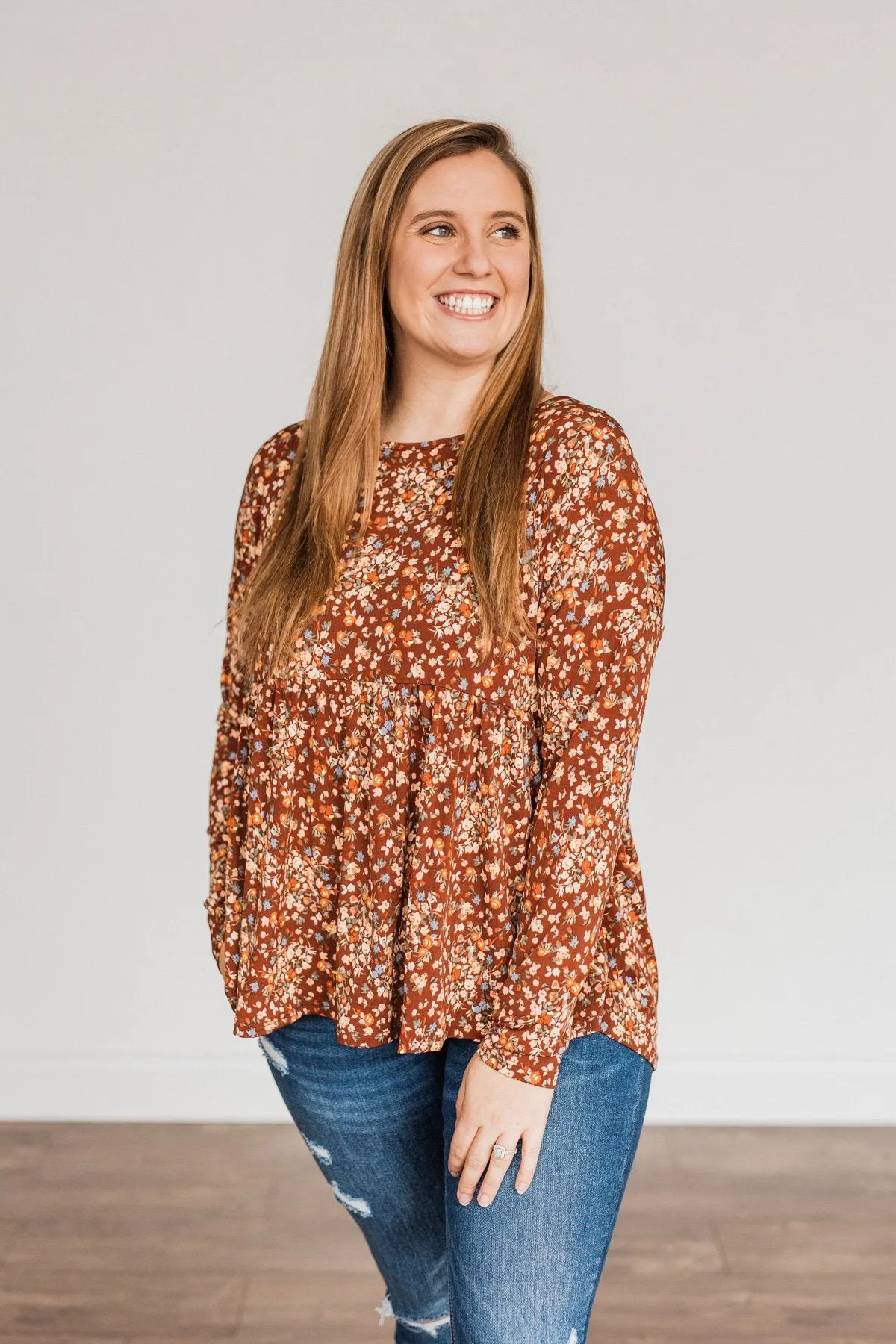 Fall Getaway Floral Babydoll Top- Rust