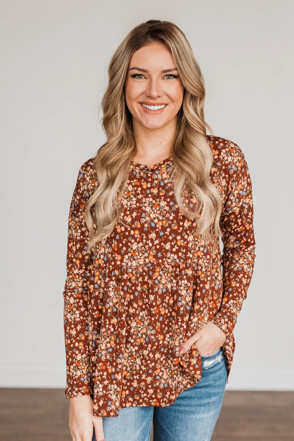 Fall Getaway Floral Babydoll Top- Rust