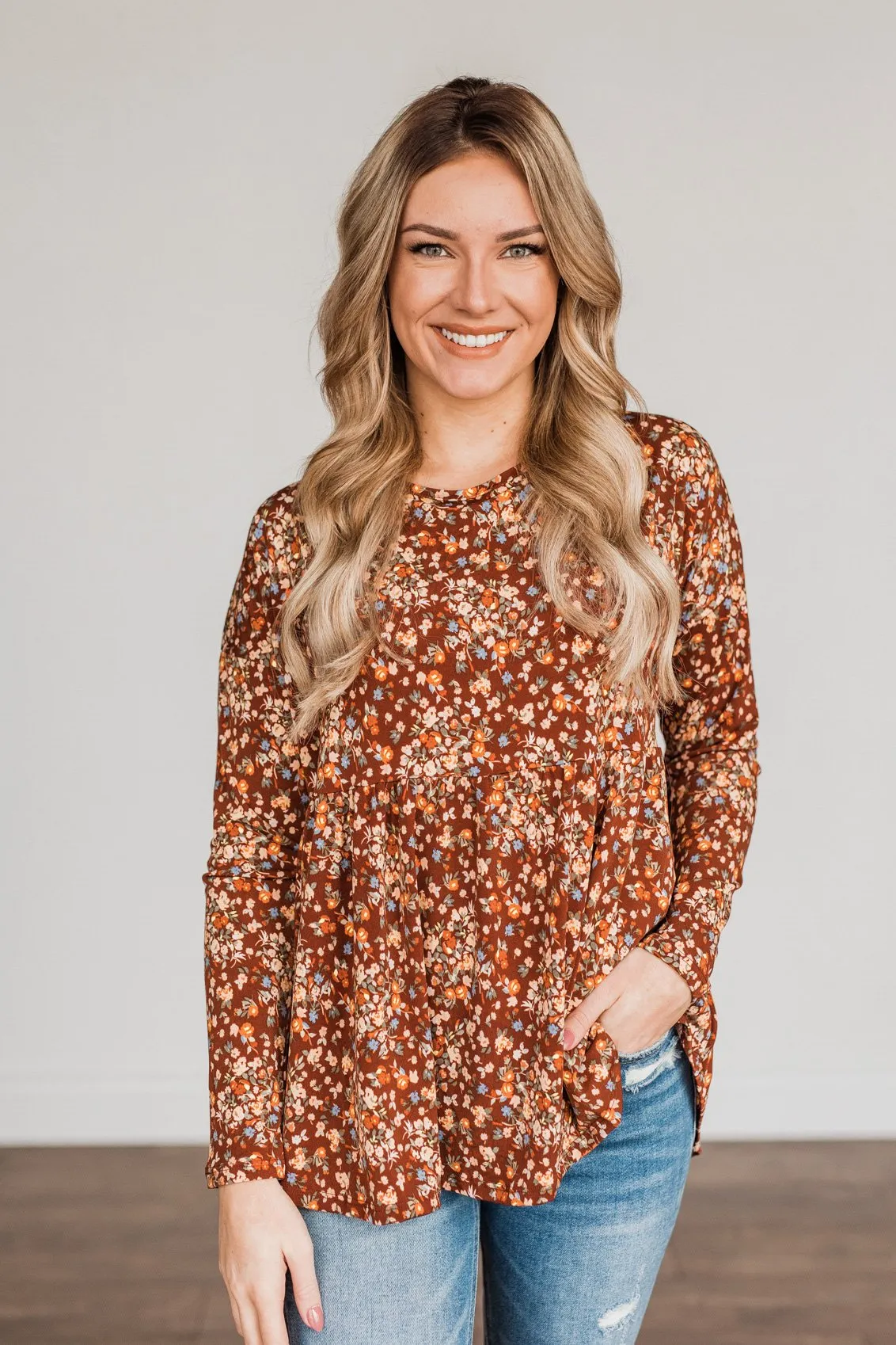 Fall Getaway Floral Babydoll Top- Rust