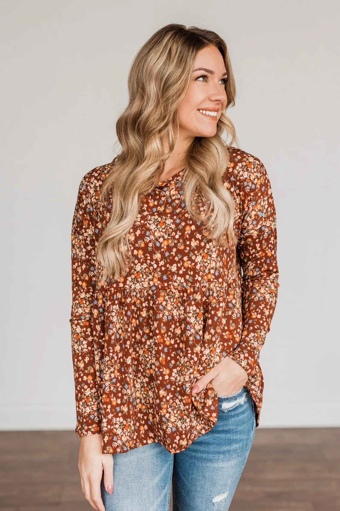 Fall Getaway Floral Babydoll Top- Rust