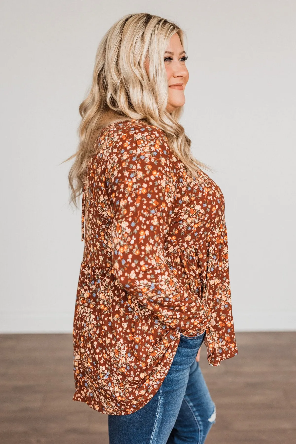 Fall Getaway Floral Babydoll Top- Rust