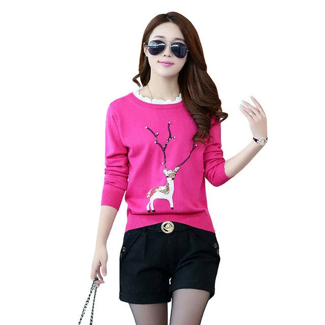 Female New Fashion Pullovers Plus Size Animal AppliquesThin Knitted Long Sleeve O-neck Sweaters Hot  32045 GS