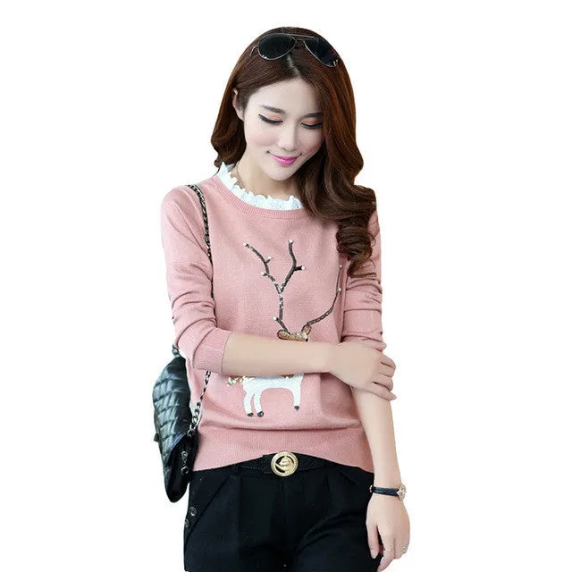 Female New Fashion Pullovers Plus Size Animal AppliquesThin Knitted Long Sleeve O-neck Sweaters Hot  32045 GS