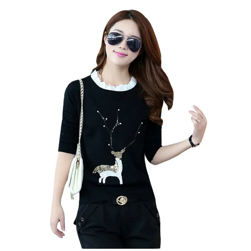 Female New Fashion Pullovers Plus Size Animal AppliquesThin Knitted Long Sleeve O-neck Sweaters Hot  32045 GS