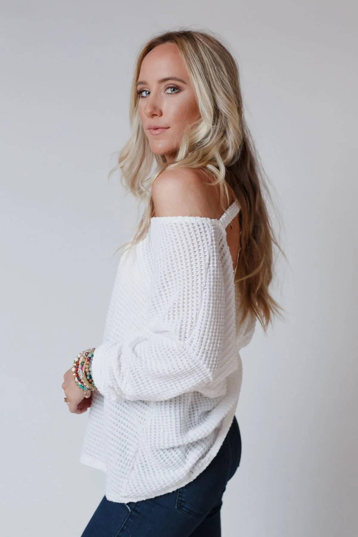 Flattering Open Back Thermal Knit Top - Cream