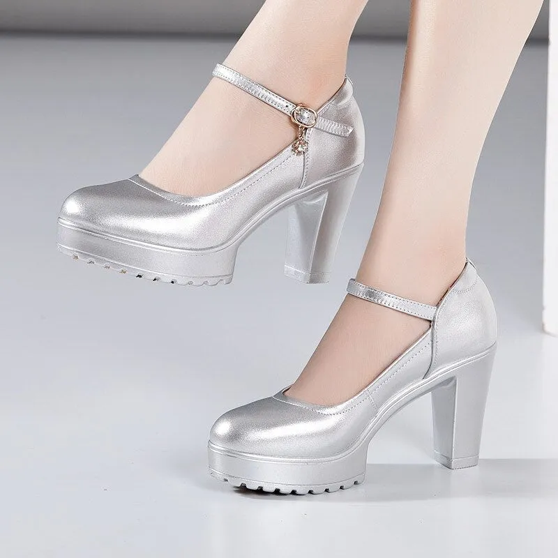 Genuine Leather Thick Heel Platform Wedding Shoes