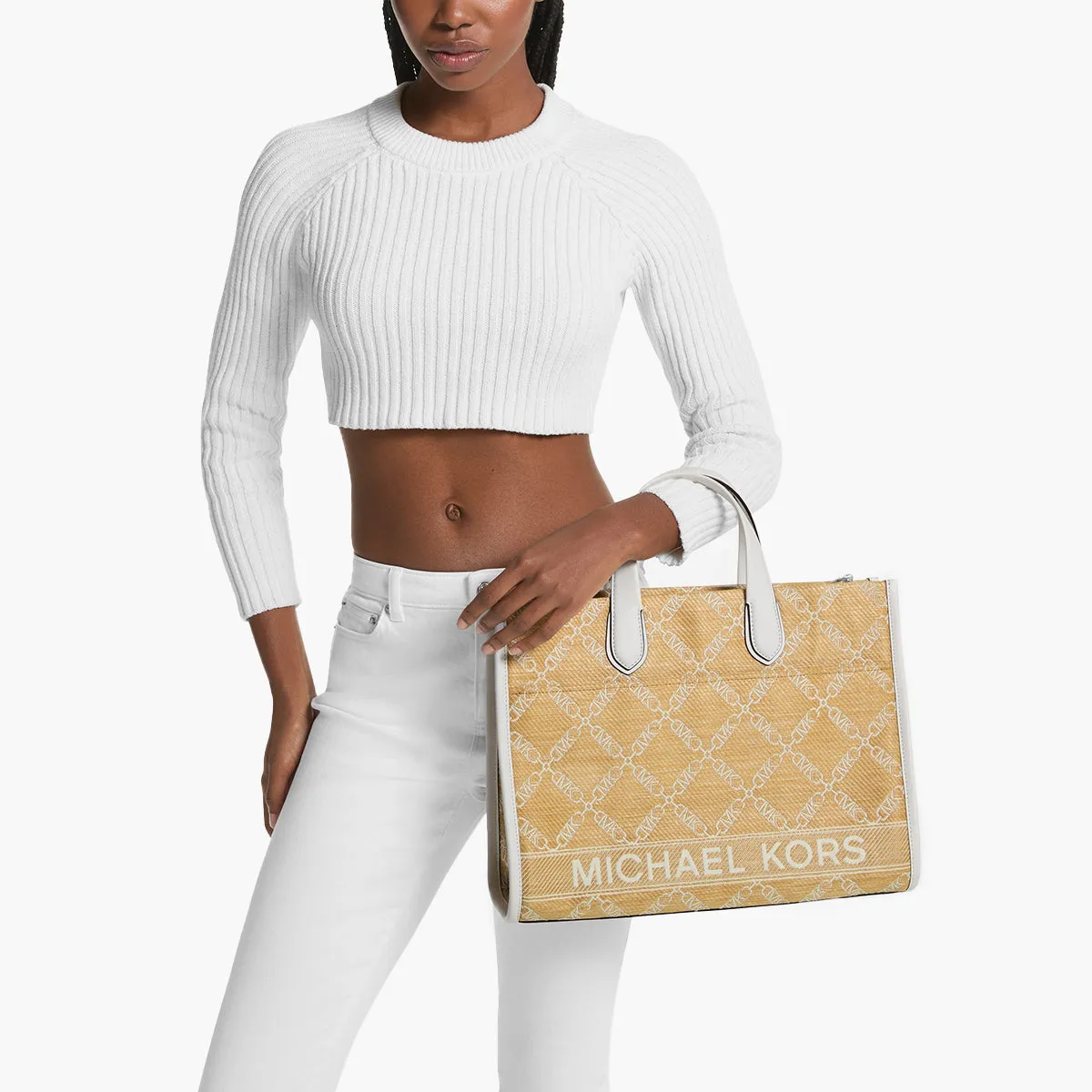 Gigi Large Empire Logo Jacquard Straw Tote Bag