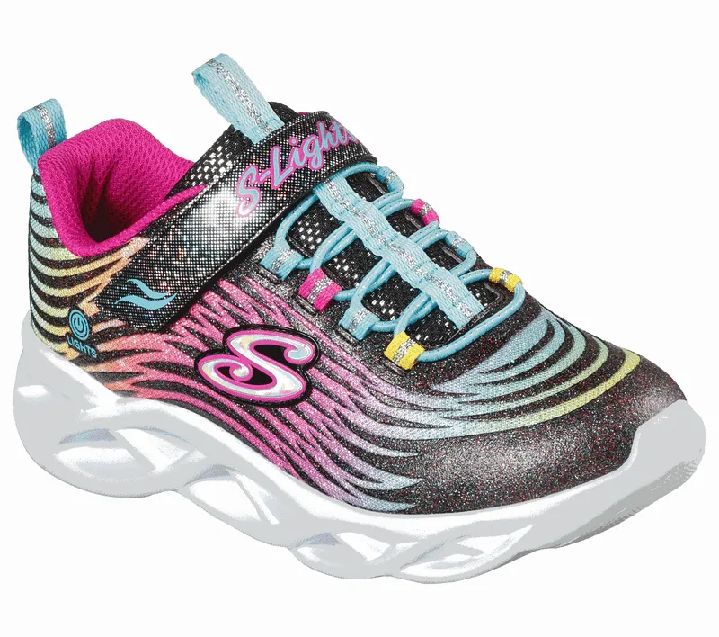 Girls Skechers Trainers Black Multi Strap Light Up Twisty Brights 302321L BKMT