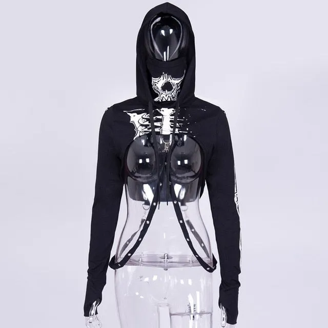 Gothic skull print skeleton hoodies long sleeve t-shirt turtlenek punk style hip women chain crop top cool streetwear black Tees