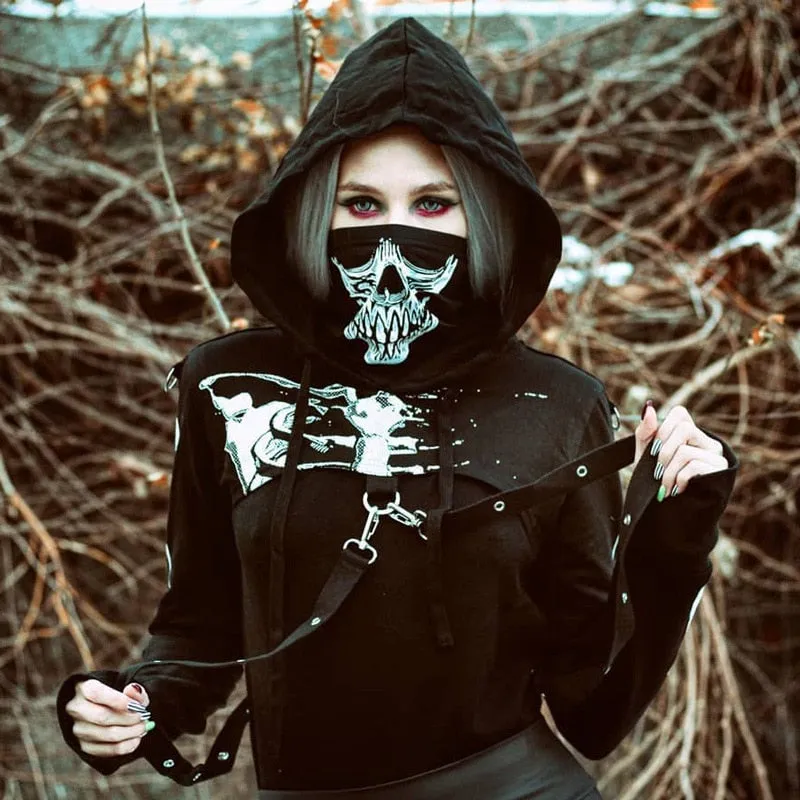 Gothic skull print skeleton hoodies long sleeve t-shirt turtlenek punk style hip women chain crop top cool streetwear black Tees