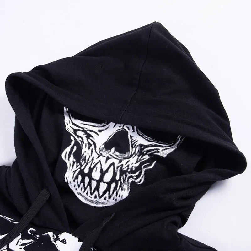 Gothic skull print skeleton hoodies long sleeve t-shirt turtlenek punk style hip women chain crop top cool streetwear black Tees