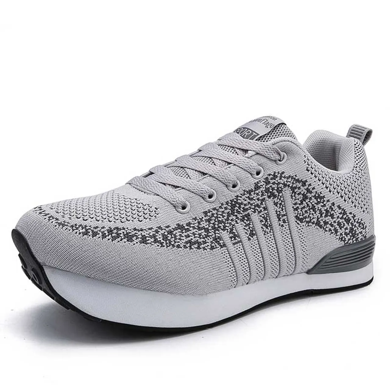 Grey stripe pattern texture negative heel rocker sneaker