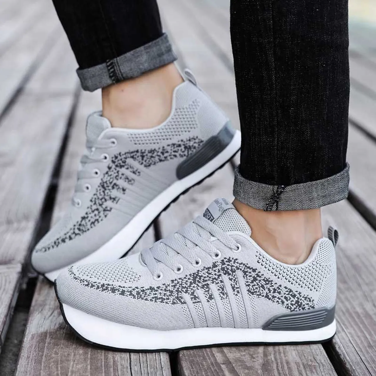 Grey stripe pattern texture negative heel rocker sneaker