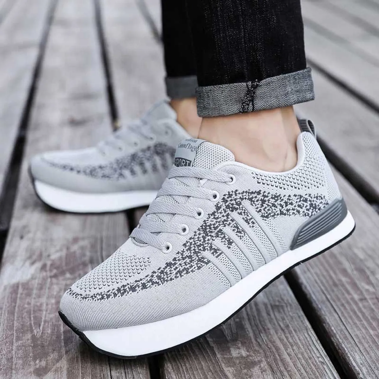 Grey stripe pattern texture negative heel rocker sneaker