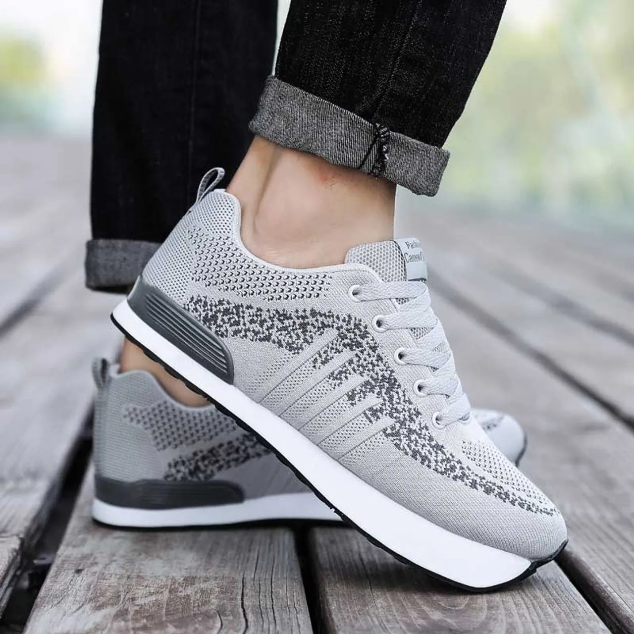 Grey stripe pattern texture negative heel rocker sneaker