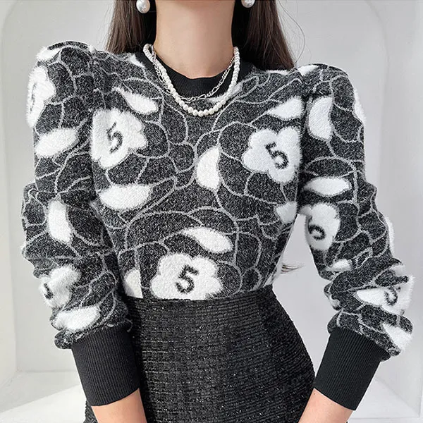 gumzzi  |Crew Neck Flower Patterns Casual Style Long Sleeves