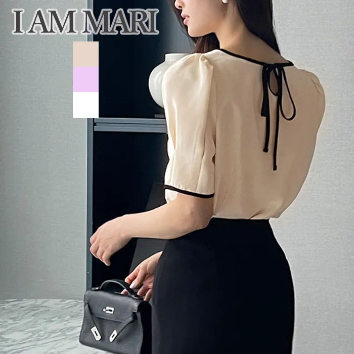 I AM MARI  |Bi-color Plain Short Sleeves Party Style Office Style