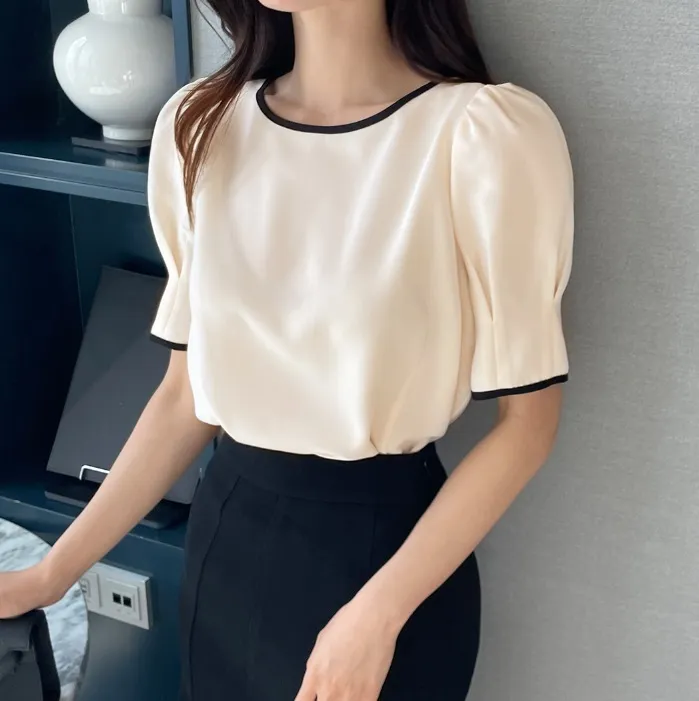 I AM MARI  |Bi-color Plain Short Sleeves Party Style Office Style