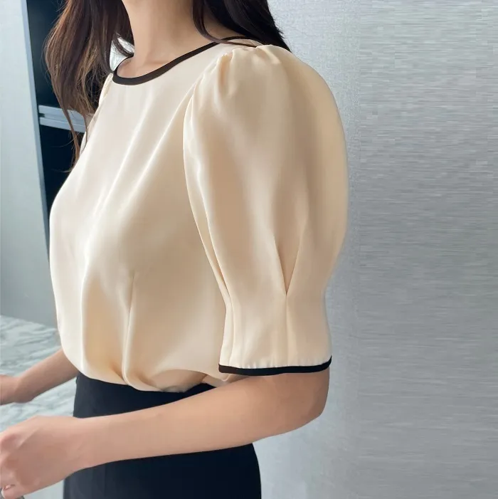 I AM MARI  |Bi-color Plain Short Sleeves Party Style Office Style