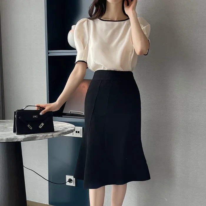 I AM MARI  |Bi-color Plain Short Sleeves Party Style Office Style