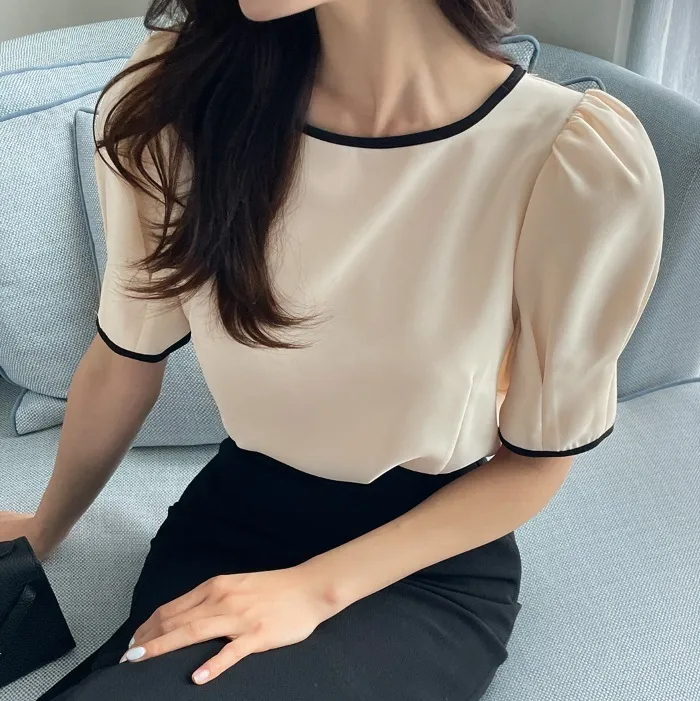 I AM MARI  |Bi-color Plain Short Sleeves Party Style Office Style