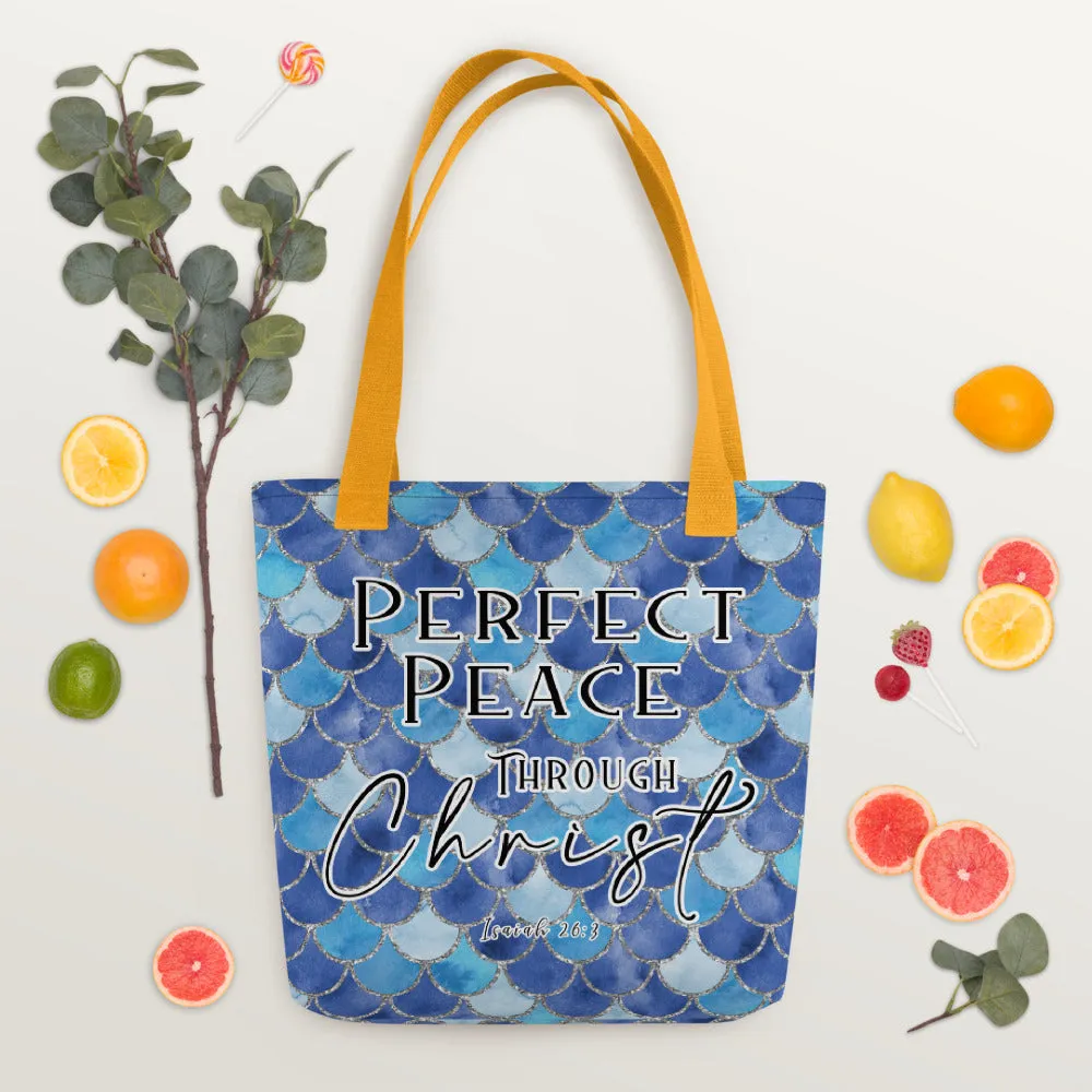 Limited Edition Premium Tote Bag - Perfect Peace Through Christ (Design: Mermaid Scales Blue)