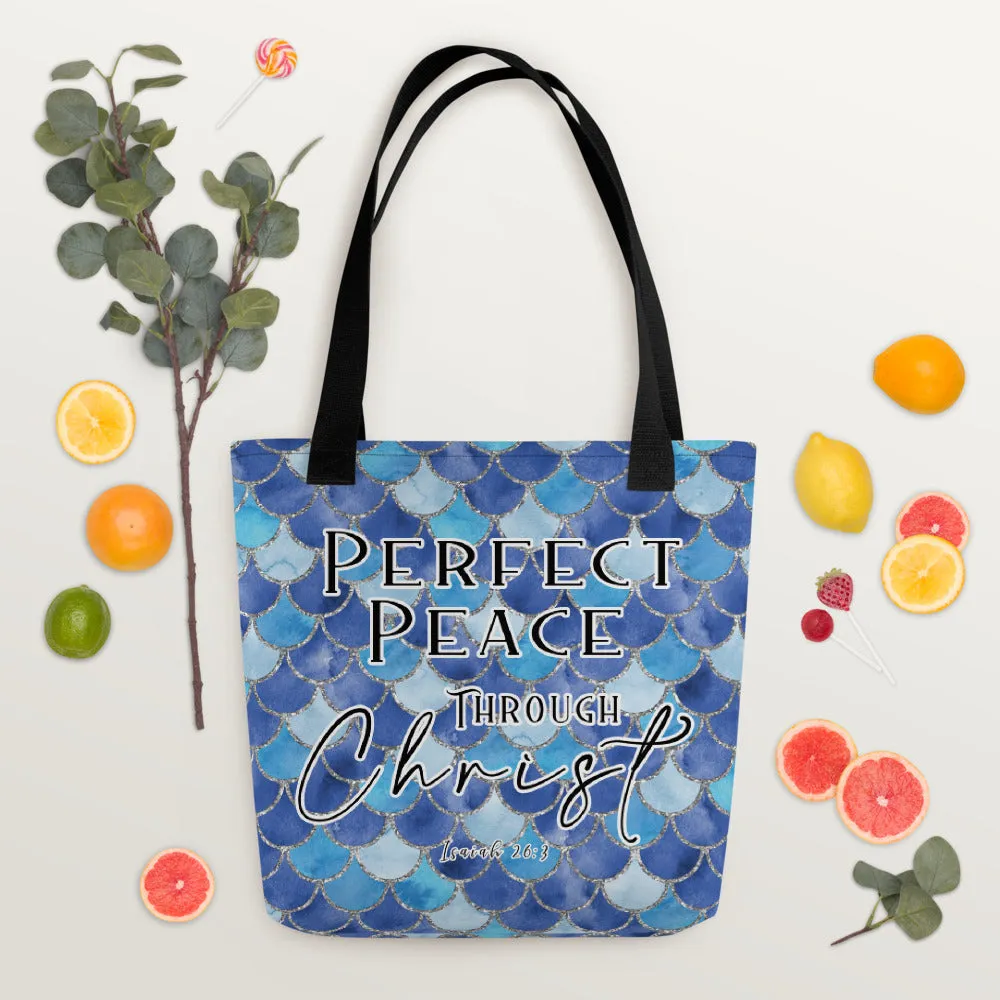 Limited Edition Premium Tote Bag - Perfect Peace Through Christ (Design: Mermaid Scales Blue)