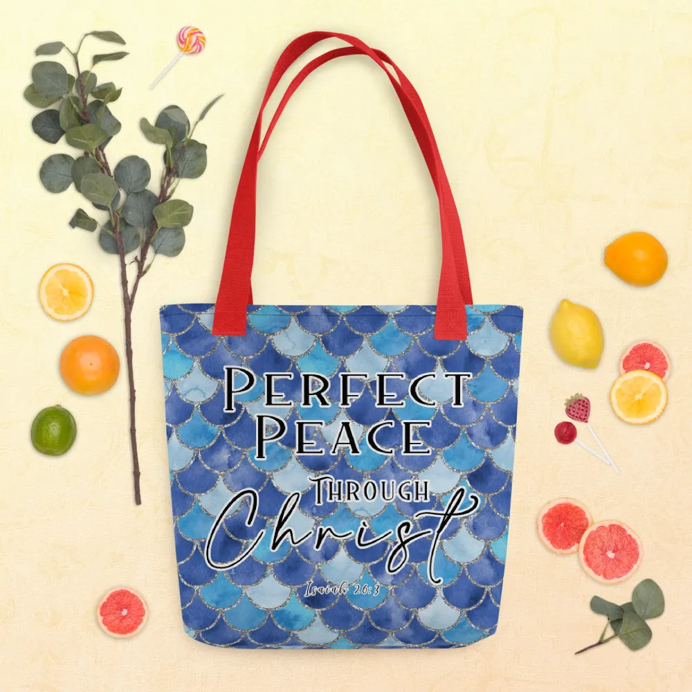 Limited Edition Premium Tote Bag - Perfect Peace Through Christ (Design: Mermaid Scales Blue)